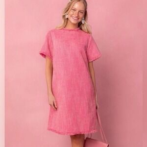 NWT Ivy City Co Reese Shift Dress Women XL Pink Tweed Short Sleeve Fringe Pocket